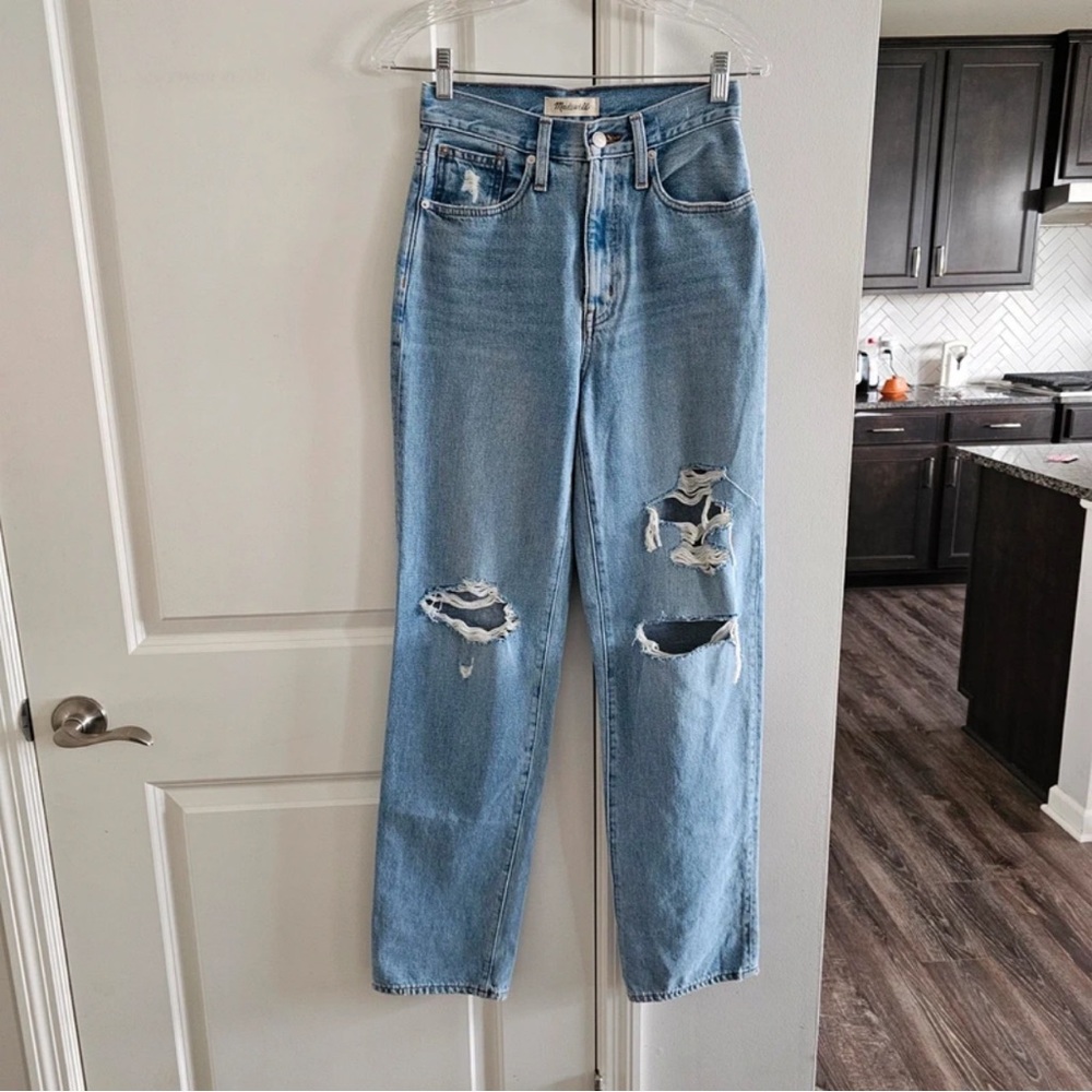 Madewell Straight Leg Light Blue Ripped Jeans